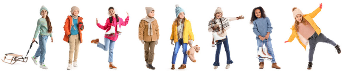Collage of adorable little children in winter clothes on white background