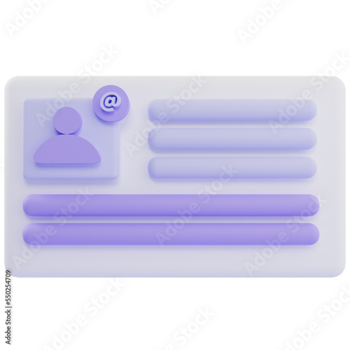 3d illustration of profile id card with profile picture and handle icon photo