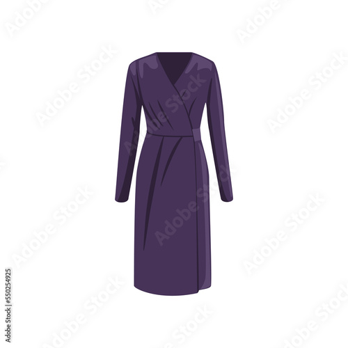 Dark blue female gown for meeting cartoon illustration. Beautiful wrap dress for elegant woman. Trendy and stylish women dress isolated on white background. Clothes, fashion concept