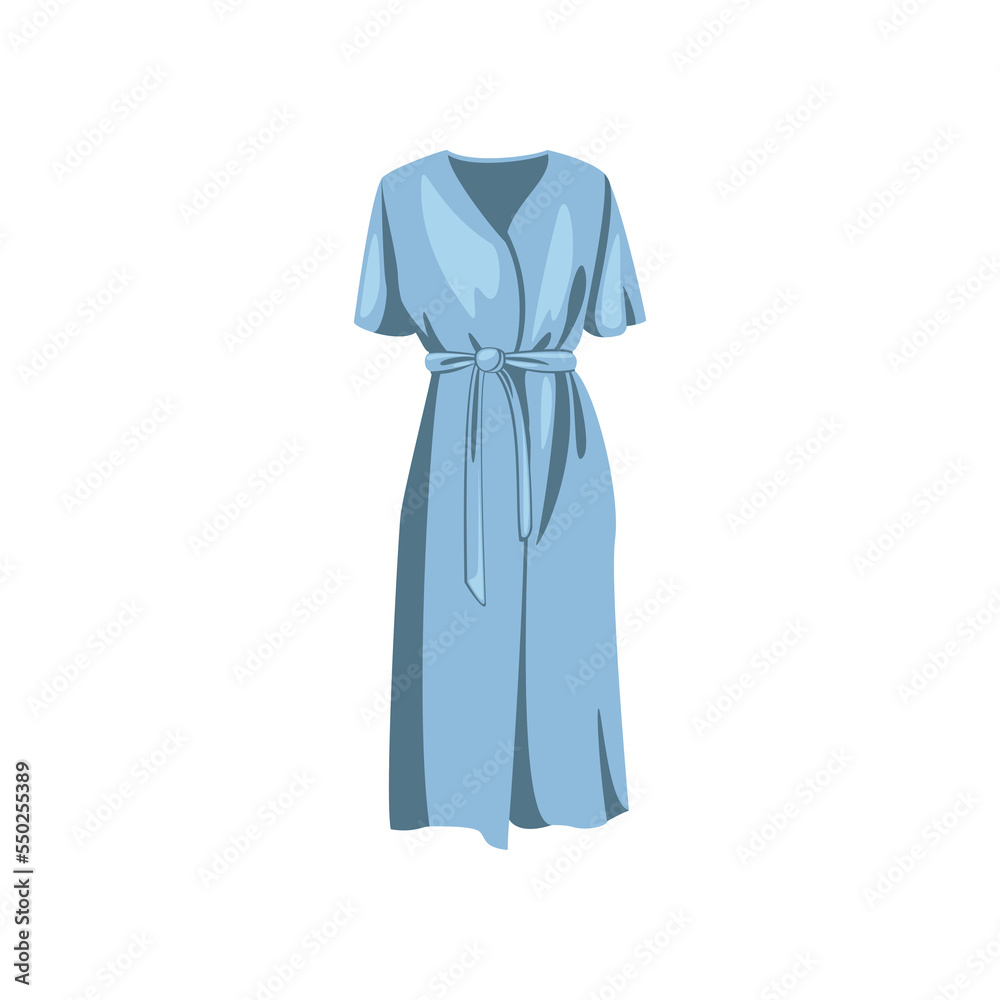 Blue female summer dress with belt cartoon illustration. Beautiful long dress for woman. Trendy and stylish women gown isolated on white background. Clothes, fashion concept. Blue female summer dress with belt cartoon illustration. Beautiful long dress for woman. Trendy and stylish women gown isolated on white background. Clothes, fashion concept.