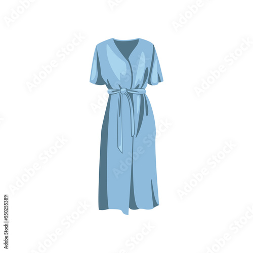 Blue female summer dress with belt cartoon illustration. Beautiful long dress for woman. Trendy and stylish women gown isolated on white background. Clothes, fashion concept.
