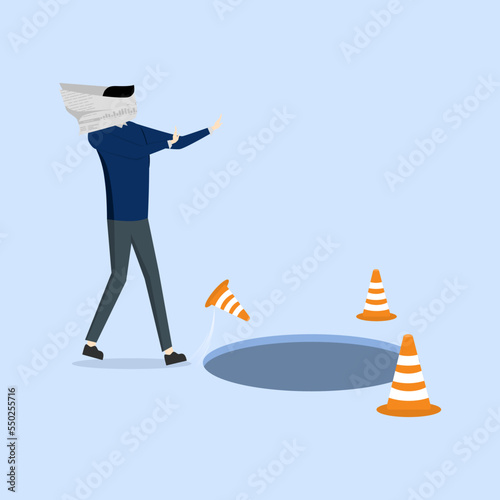 blindfold businessman with walking paper falling into business pitfall or trap. Blind and frustrated business direction, trap or crisis ahead, concept of risk and uncertainty, error or failure.