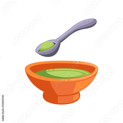 Bowl of soup or porrige for children cartoon illustration. Cute baby food or product isolated on white background. Complementary food, nutrition concept.