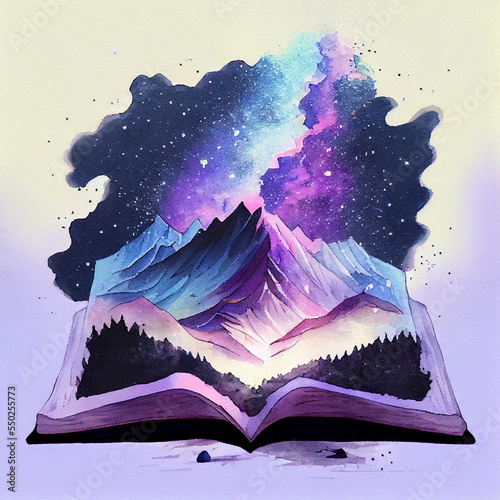Concept of an open magic book open pages space  milky way  mountains. Fantasy  nature or learning concept  with copy space