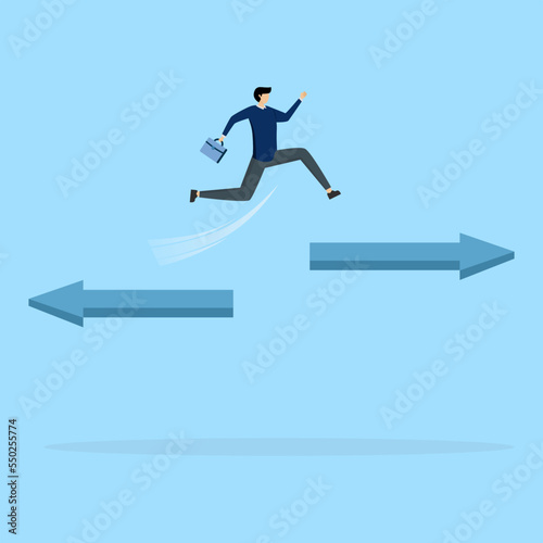businessmen turning from arrows to other direction. Change career, challenge to find a new path or opportunity, progress to another travel option or concept, decide to take a different direction.