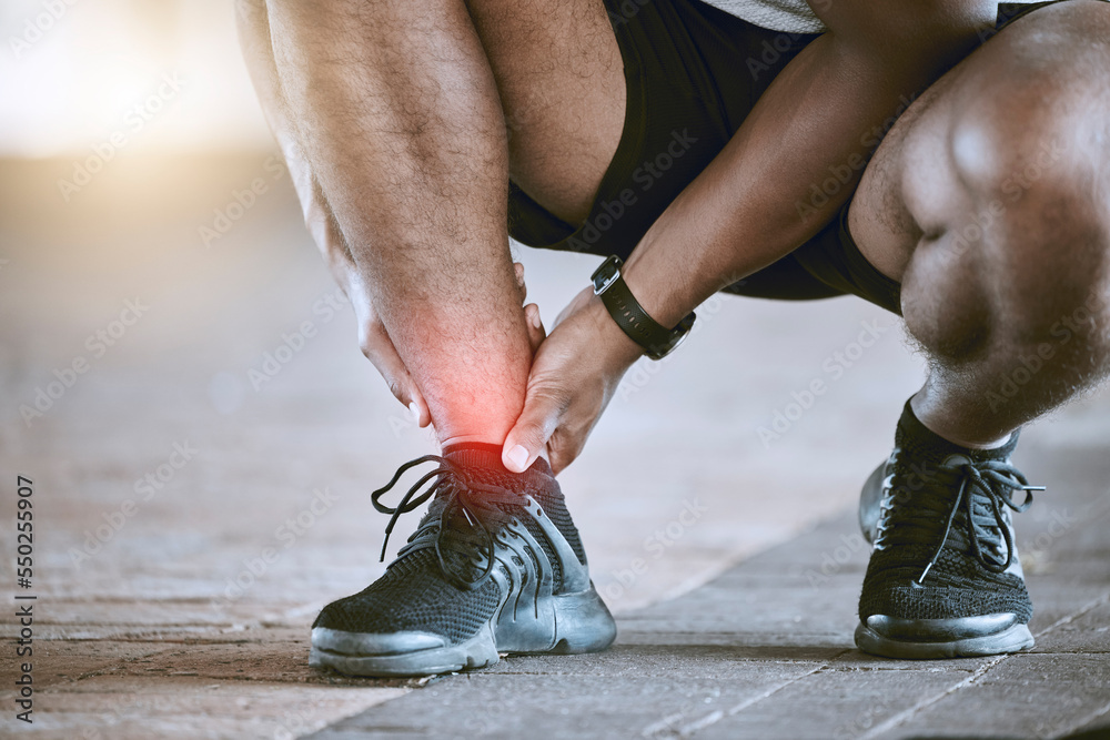 Sports, injury and fitness ankle pain during exercise, running and training outside with red