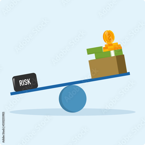 offset by a heavy burden of risk that results in a box of rich prize money dollars. High return risk investment, investor's risk appetite in securities and investment assets for high reward concept.