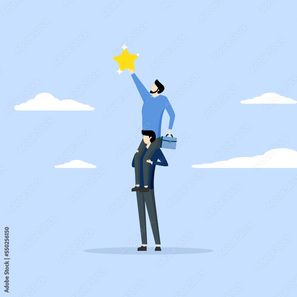 teamwork or support to achieve business goal reach star, partnership or manager guidance to help success concept, businessman manager support colleague. teamwork or support to achieve business goal reach star, partnership or manager guidance to help success concept, businessman manager support colleague.