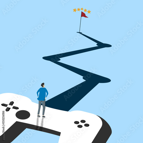 businessman standing on joystick climbing looking at journey to reach target. business or marketing strategy using game challenges, achievements to engage with customers, win motivation.