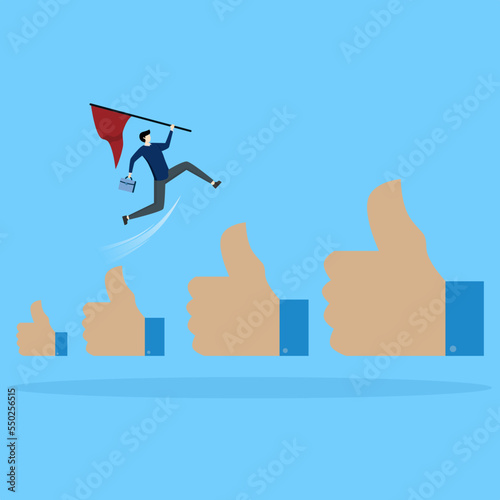 happy businessman holding winner flag jumping up growing thumbs up sign. Career growth development, reward or praise for successful employee concept, achievement, job advancement or promotion.