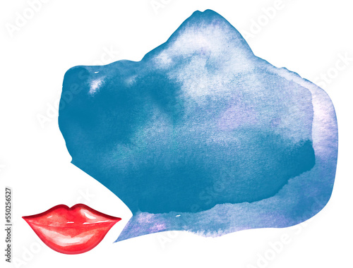 Blue dialogue smudge and pink lips watercolor abstract illustration. Template for inserting into advertising, article, design