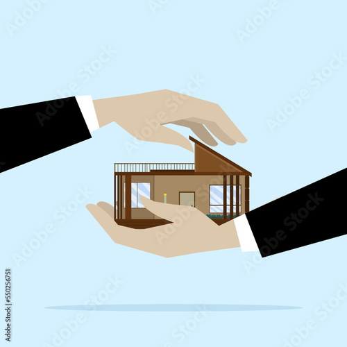 home in the palm of the entrepreneur's hand with the other hand protected as a liability. budget for home emergency funds, real estate or property protection, home security concept.