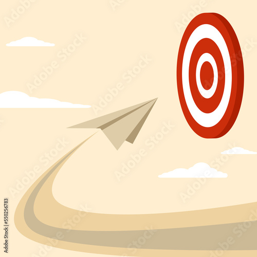 origami paper airplane flying through a dart board or bullseye archer target. Business goals or targets, challenge or improvement to achieve success, winning business competition or motivational