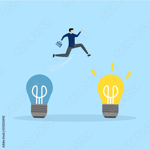Savvy entrepreneur jumps from old to new shiny light bulb idea. Convey new ideas. Brainstorming concept, transition to a better innovative company, Business transformation, change management. Vector