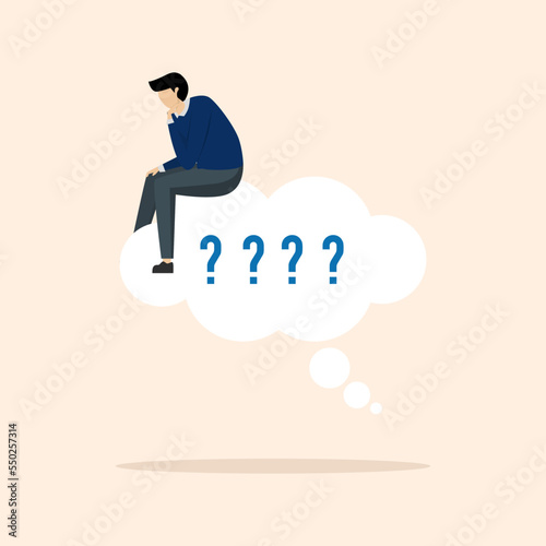 thoughtful businessman sitting like a thinker on a thought bubble. Think solution, focus on new ideas, concentration or contemplation, skeptical or rational concept, think critically to solve problems