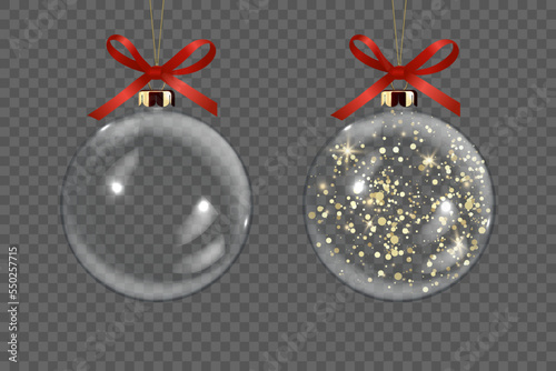 Vector Realistic 3d Transparent Christmas Glass Ball Set with Golden Glitter Closeup Isolated. Design Template of Xmas and New Year Tree Toy Decoration Ball for Mockup. Front View