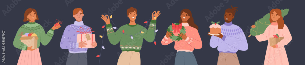 Diverse group of people with holiday decor - Christmas tree and lights, gift boxes; wreath and bengal fire. Flat vector illustration