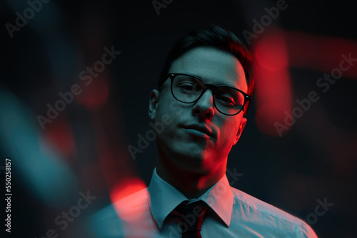 Cuadro en lienzo Cinematic night closeup portrait of handsome man neon lights