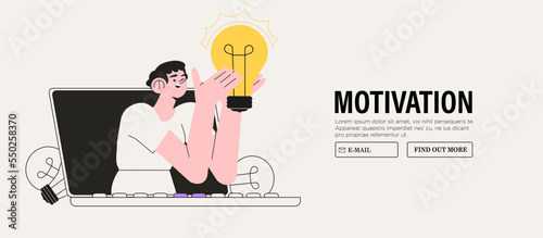 Inspiration idea to inspire or motivate people to success, business innovation or creativity, solution or invention concept. Vector illustration woman hold light bulb banner for business or education.