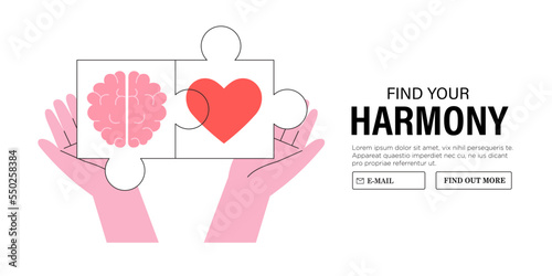Wellness, body and brain harmony, meditation or healthcare concept. Female or male character hands hold heart and human brain puzzle. Mental and physical health, plug in connection or balance.