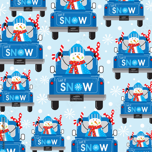 christmas seamless pattern with snow man on the car