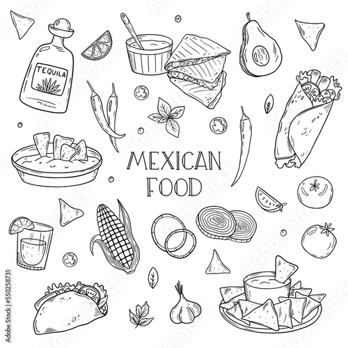 Set of Mexican traditional food. Cuisine mexicaine. Linear graphics. Hand drawn outline vector sketch illustration. Black on white background.  Mexican food menu for restaurant, cafe. 