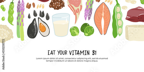 Collection of vitamin B1 sources. Food containing thiamin. Tofu, oatmeal, liver, pork, beans, peas, mussels, salmon, asparagus, flax seeds, brussels sprouts. Dietetic products, organic nutrition.