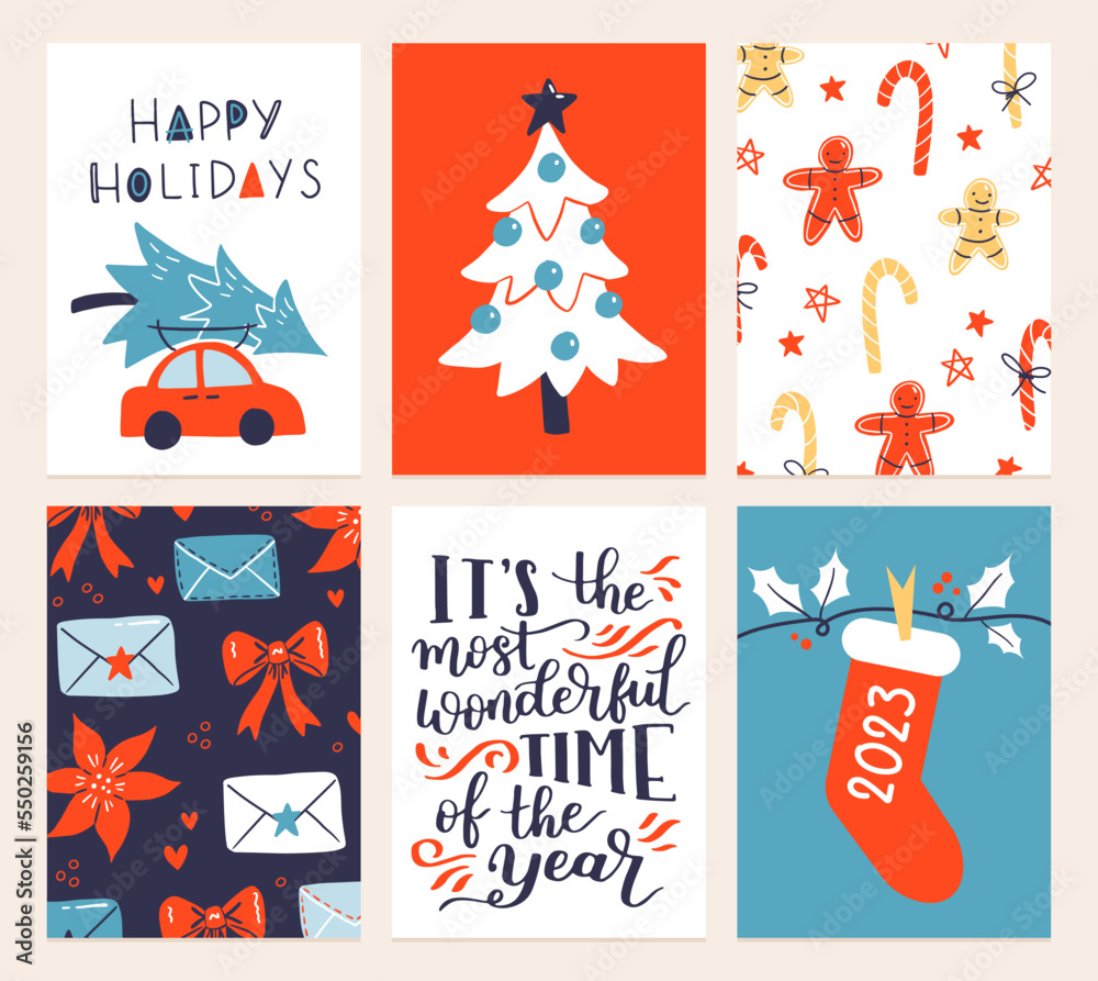 Vector collection of Christmas poster templates. New year 2023 set of christmas greeting cards. Bright colors. presents and hand written lettering for your invitation and design.