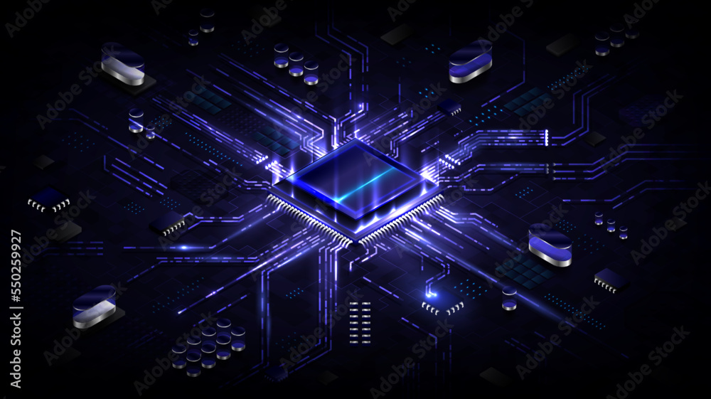 Abstract hardware and software background. Circuit board, Chip processor, Mainboard and code programmer. Hi-tech computer engineer. Cyberpunk tech and database coding. Blue neon light effect