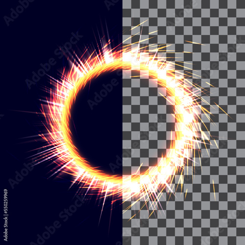 Strange portal ring energy beam. Sparks effect circle isolated. Magic ring flame on background