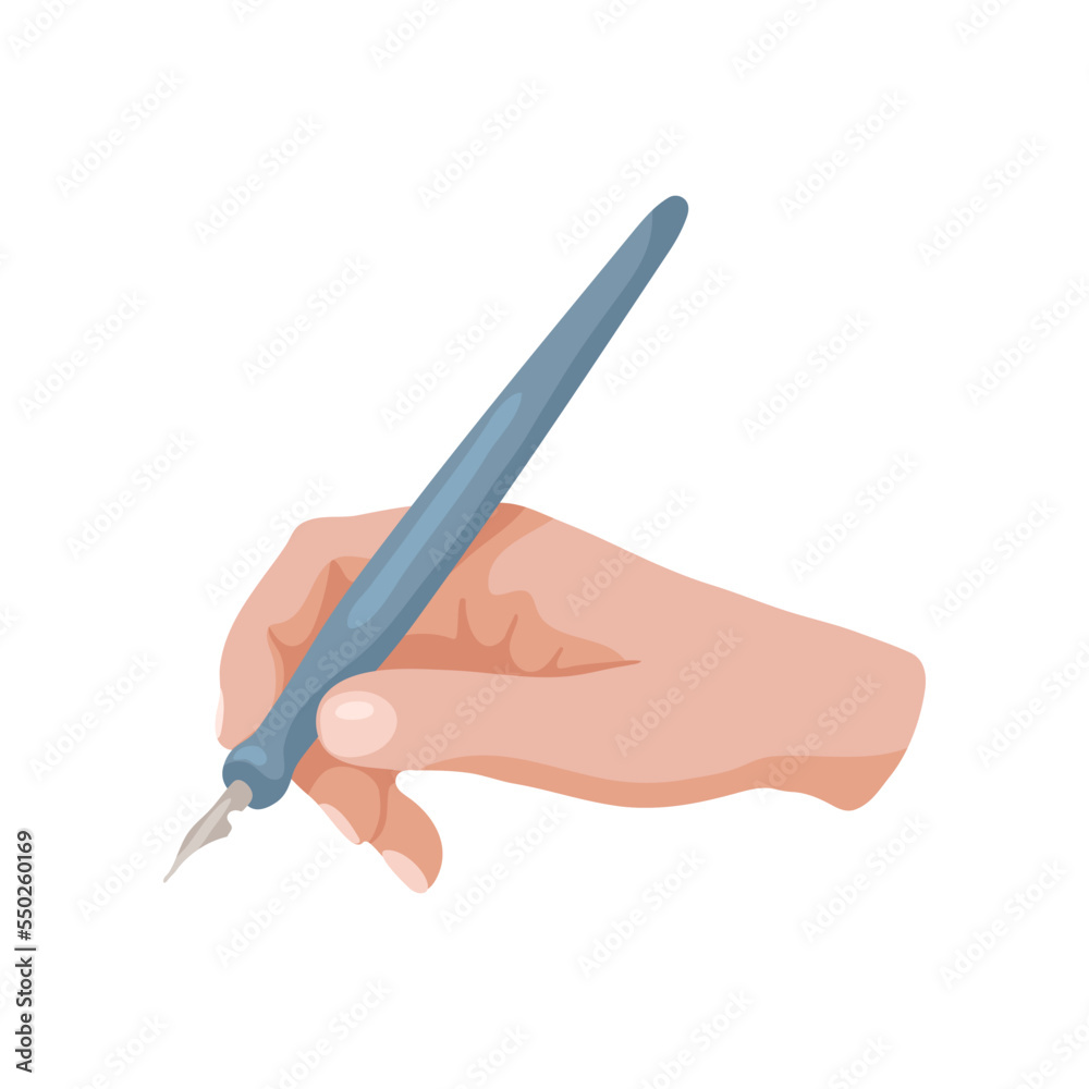 Hand holding ink pen vector illustration. Hand of writer isolated on white background. Art, education, stationery, creativity concept