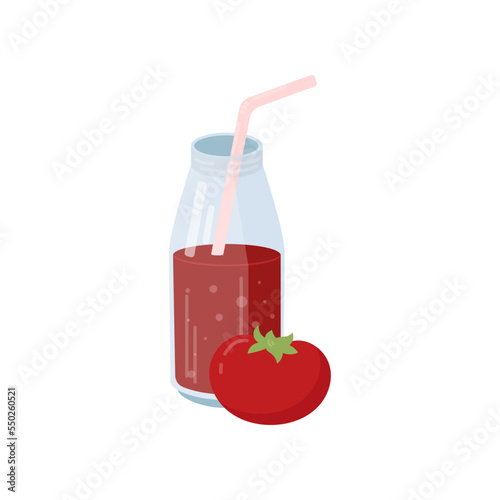 Fresh tomato smoothie or juice in bottle isolated on white background. Glass with fruit drink vector illustration. Summer, beverage, diet, detox concept