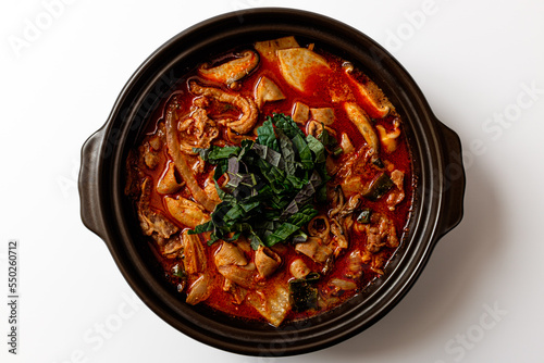 Beef Chitterlings Hotpot on White Background photo