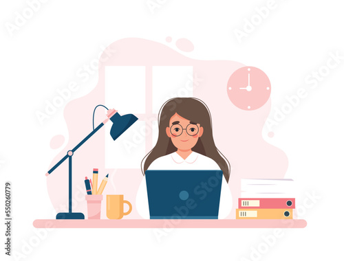 Woman working with computer, office worker, home office, . Cute concept vector illustration in flat style