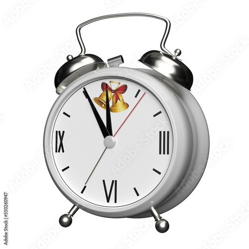 It's christmas time. Alarm clock isolated on white background. 3D rendering