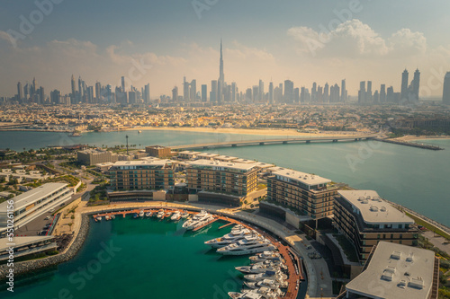 Dubai Marina, Aerial Overview of Harbour with Dubai Skyline in the background