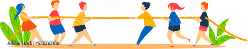 Young cartoon boy girl character pull rope, happy people activity with game, vector illustration. Children team at cartoon tug of war challenge.