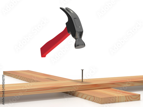 Hammer with nail and  wooden boards on white background. 3D rendering