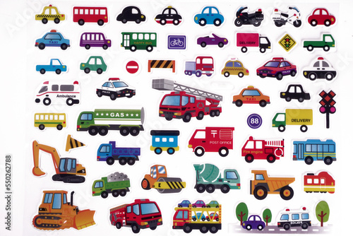 Transport icons set of stickers, colorful motor vehicles in a variety of colors shapes and sizes.