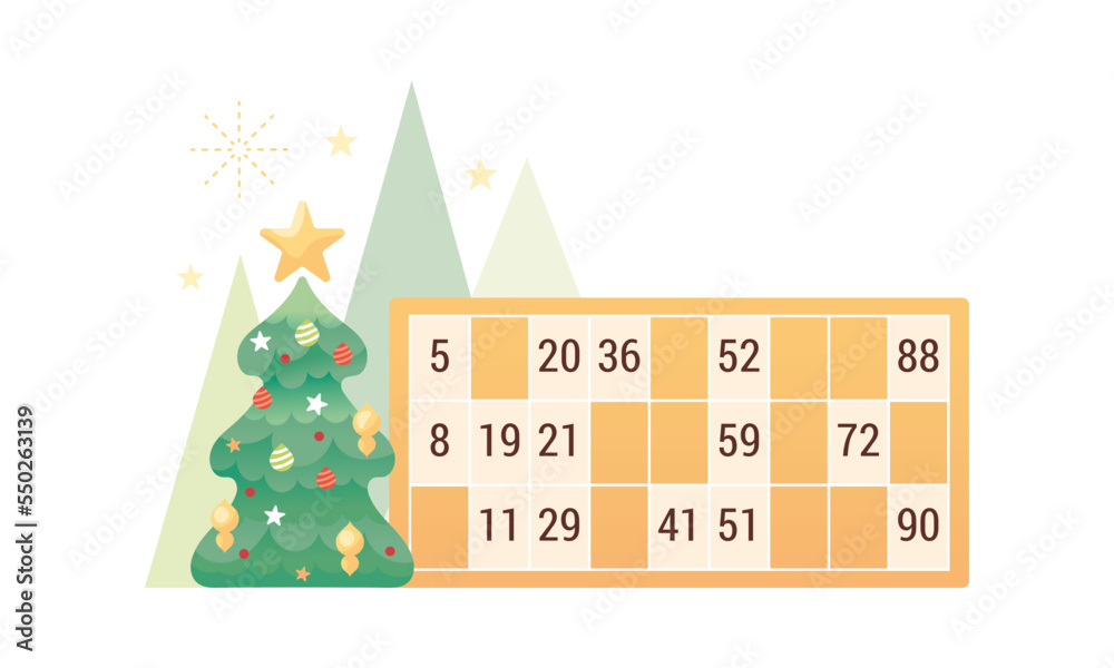 Vecteur Stock Carton de loto tombola bingo, décor de fête de Noël, sapin  vert décoré d'ornements avec une étoile brillante, organisation de jeux de  loisirs pour gagner des cadeaux et des lots