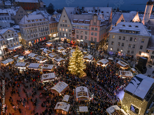 First Advent at the Town Hall Square in Tallinn. Drone photo. Aerial view.