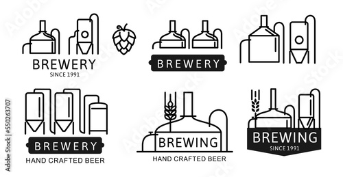 Brewery beer tank line. Craft outline vector sign set
