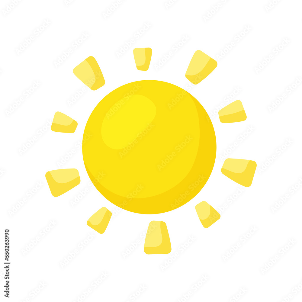 Yellow sun with rays vector illustration. Sun shining bright, rays of sunshine, basic geometric