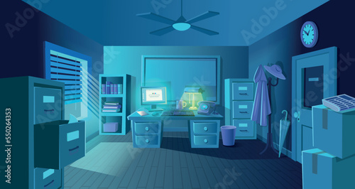 Detective room at night. Police office with evidence board. Investigations room with desk, board with evidence, computer, retro phone and shelf. Vector illustration in cartoon style.