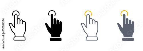 Hand Cursor of Computer Mouse Line and Silhouette Color Icon Set. Pointer Finger Click. Swipe Double Press Touch Point Tap Symbol Collection on White Background. Isolated Vector Illustration