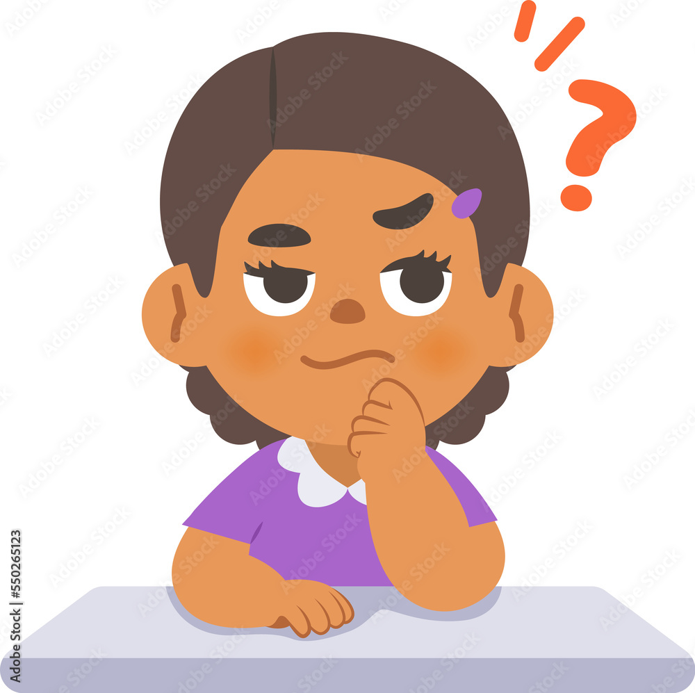 a black girl in doubt or have a question on the desk, illustration cartoon character vector design on white background. kid and education concept. a black girl in doubt or have a question on the desk, illustration cartoon character vector design on white background. kid and education concept.