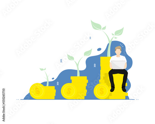 Management money concept, Human typing laptop on coin, Digital marketing illustration.