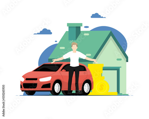 Personal property concept, Human standing with personal car and housing, Digital marketing illustration.