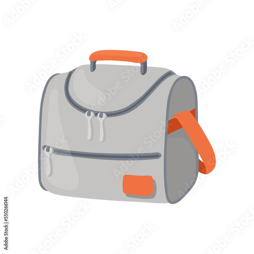 Grey bag with strap for carrying lunch vector illustration. Packaged snack or meal for lunch at school or office inside bag isolated on white background. Lunch break, food, accessories concept