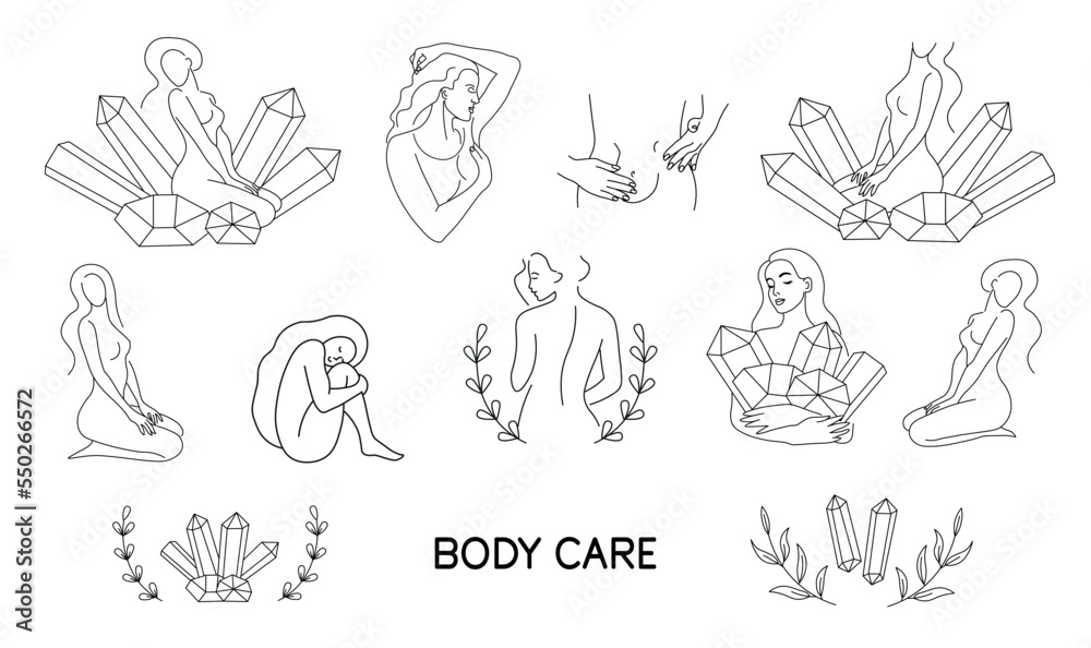 Set of girls poses, elements for design. Naked of a woman line silhouette. Concept of loving your body, taking care of your body. Line style. Isolated on white background. Logo for spa salon, eco cosm Set of girls poses, elements for design. Naked of a woman line silhouette. Concept of loving your body, taking care of your body. Line style. Isolated on white background. Logo for spa salon, eco cosm